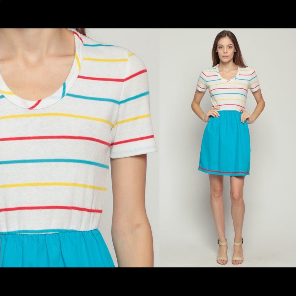 70s Mini Dress Mod Stripe 1970s Boho High Waisted Retro Vintage Small